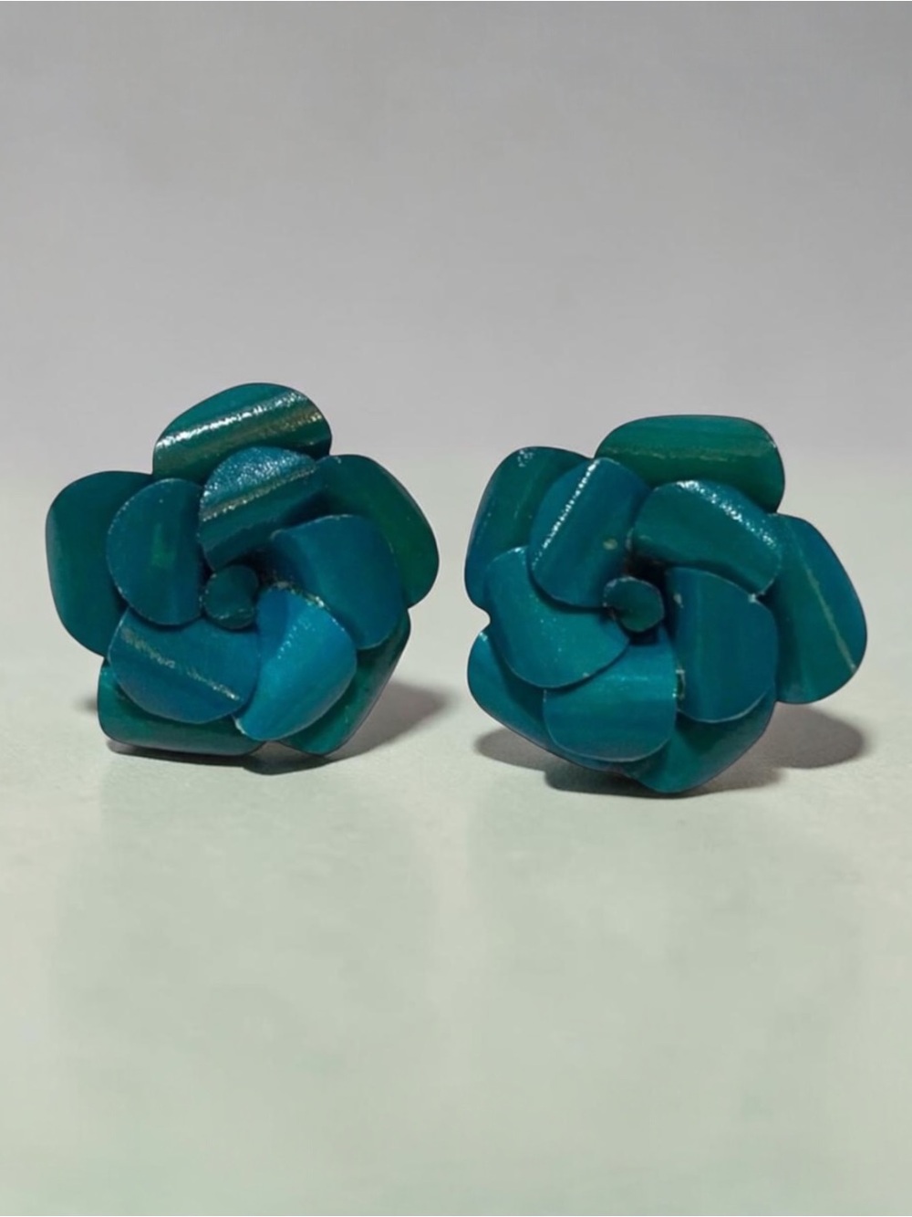 Teal Turquoise Colored Handmade Wooden Flower Shaped Earrings